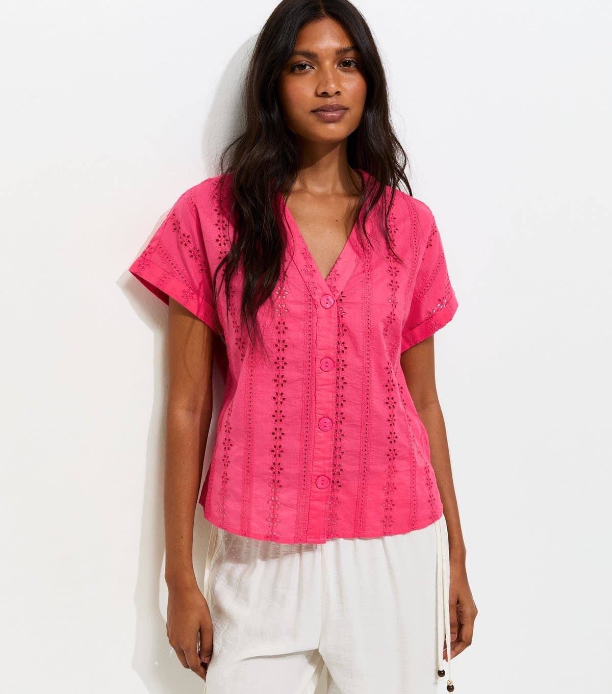 New Look Women's Pink Cotton Broderie Anglaise Button Through Top New Look
