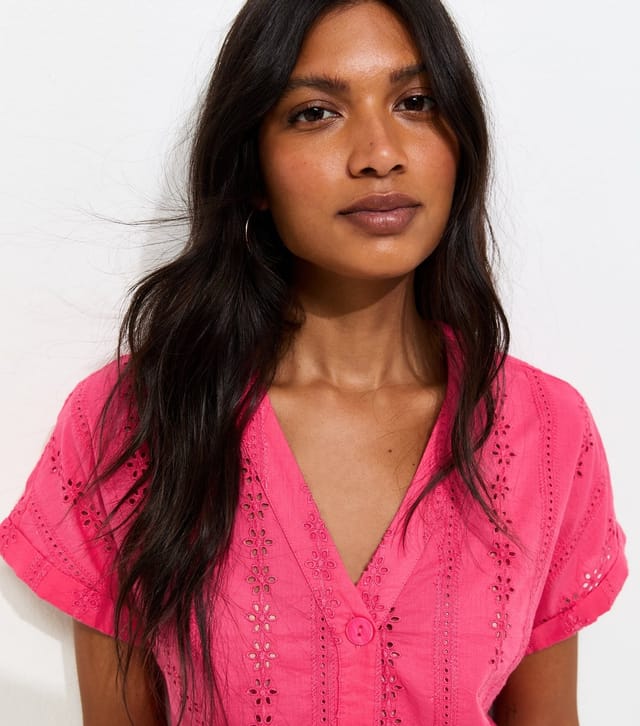 New Look Women's Pink Cotton Broderie Anglaise Button Through Top New Look - 2