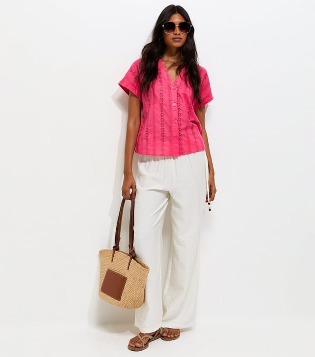New Look Women's Pink Cotton Broderie Anglaise Button Through Top New Look - 3