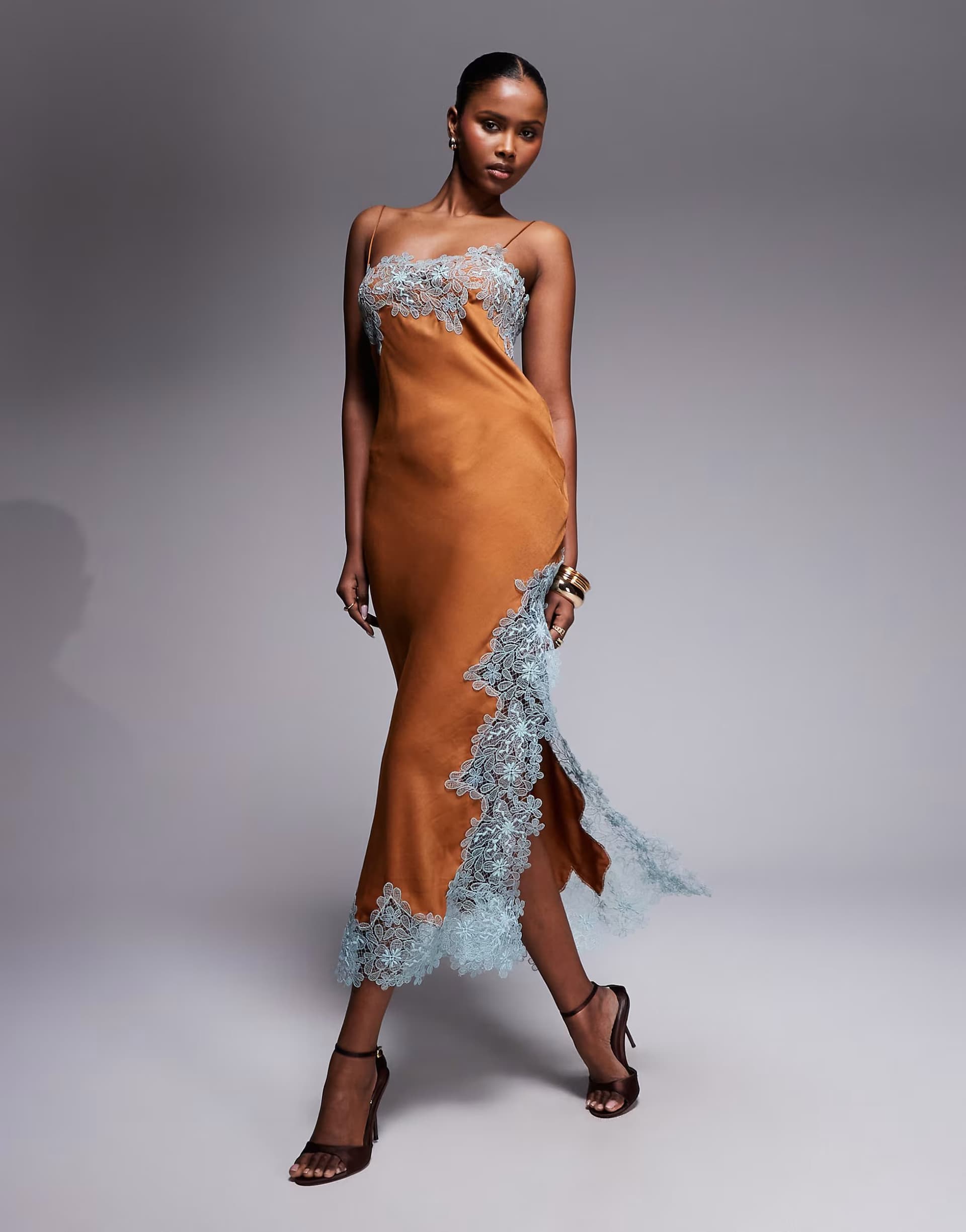 ASOS ASOS DESIGN lace applique satin bias midi slip dress in brown and blue