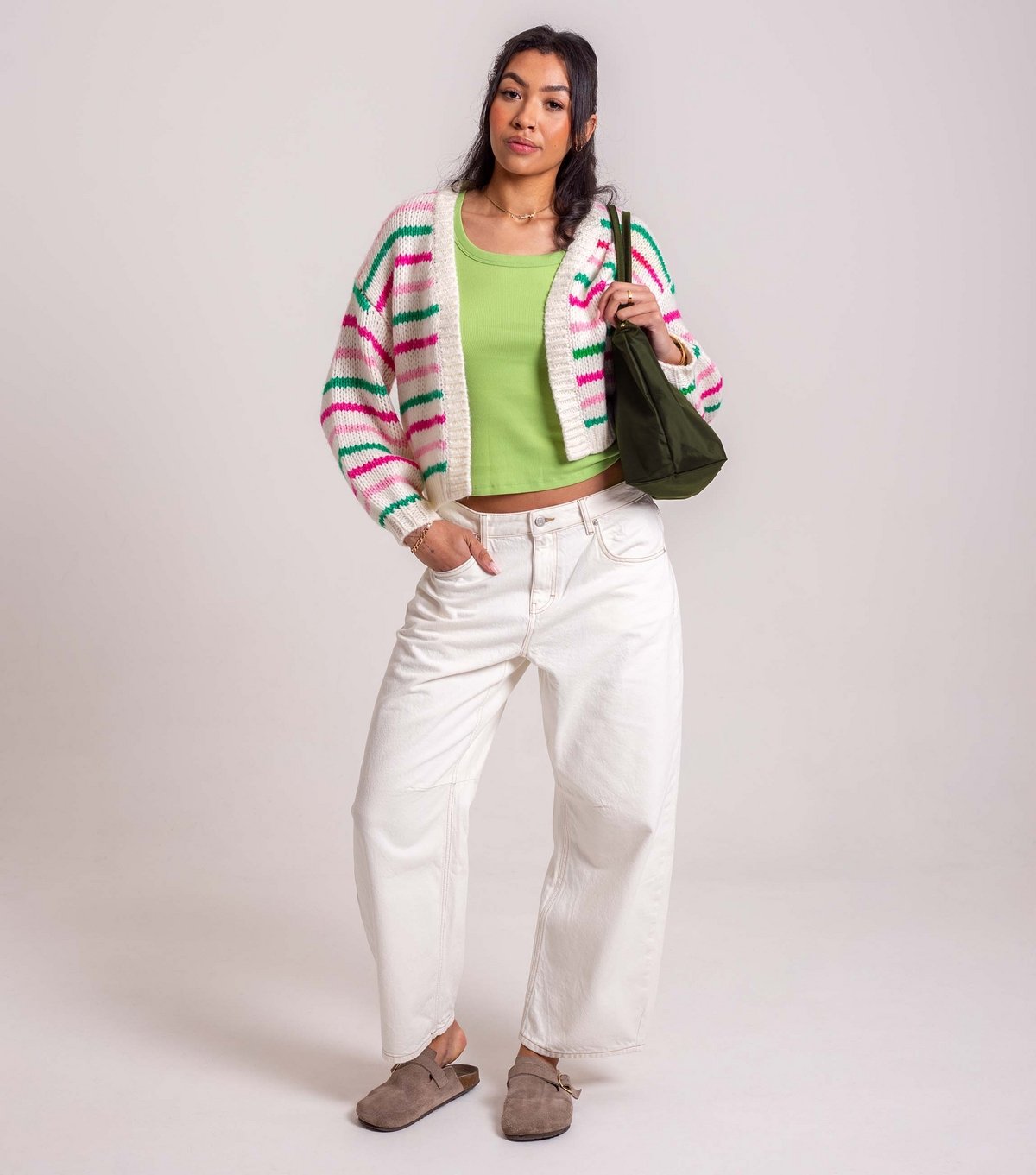 Sunshine Soul Women's Cream and Pink Thin Striped Open Cardigan Sunshine Soul New Look - 2