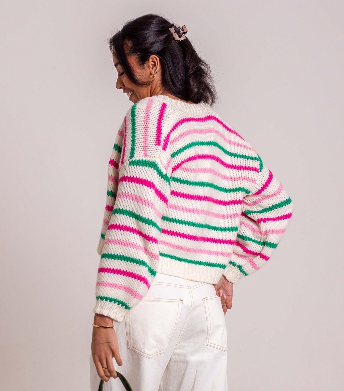 Sunshine Soul Women's Cream and Pink Thin Striped Open Cardigan Sunshine Soul New Look - 3