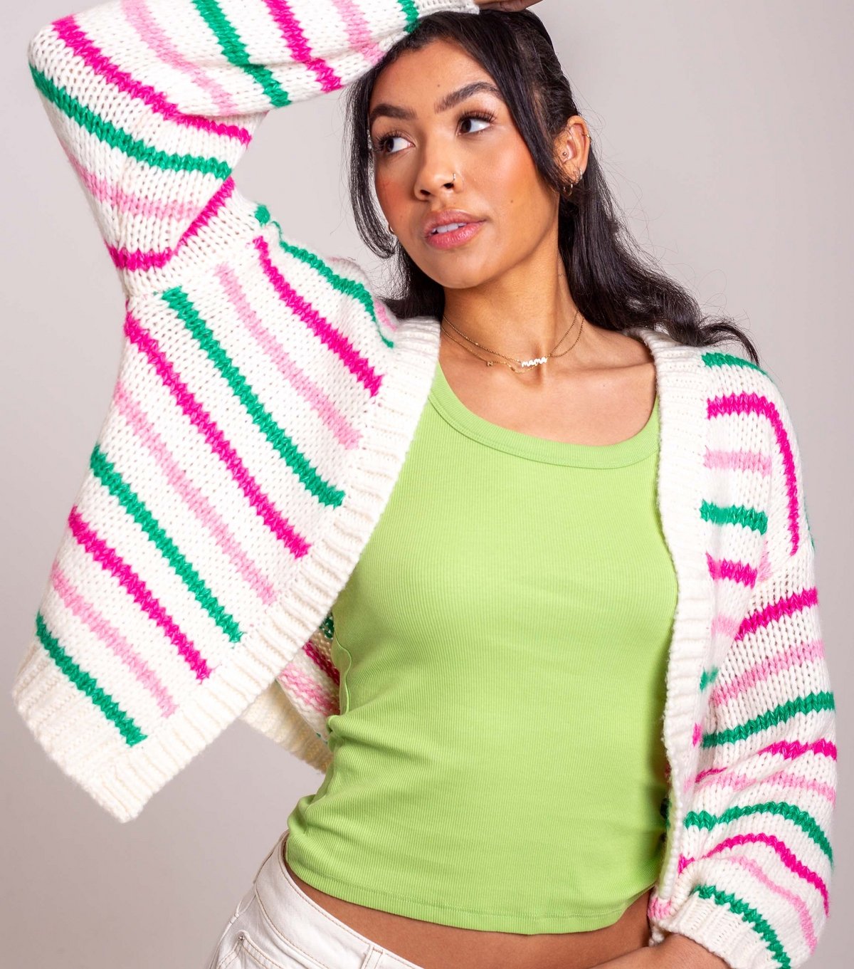 Sunshine Soul Women's Cream and Pink Thin Striped Open Cardigan Sunshine Soul New Look - 4