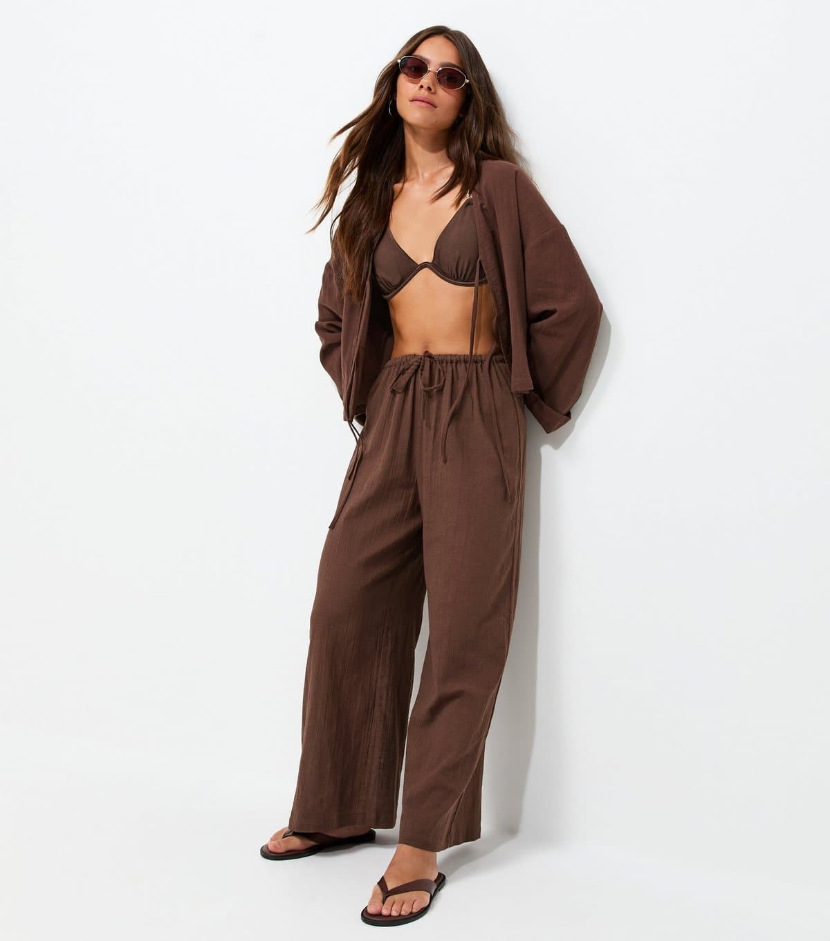 New Look New Look Petite Dark Brown Cotton Wide Leg Slub Trousers