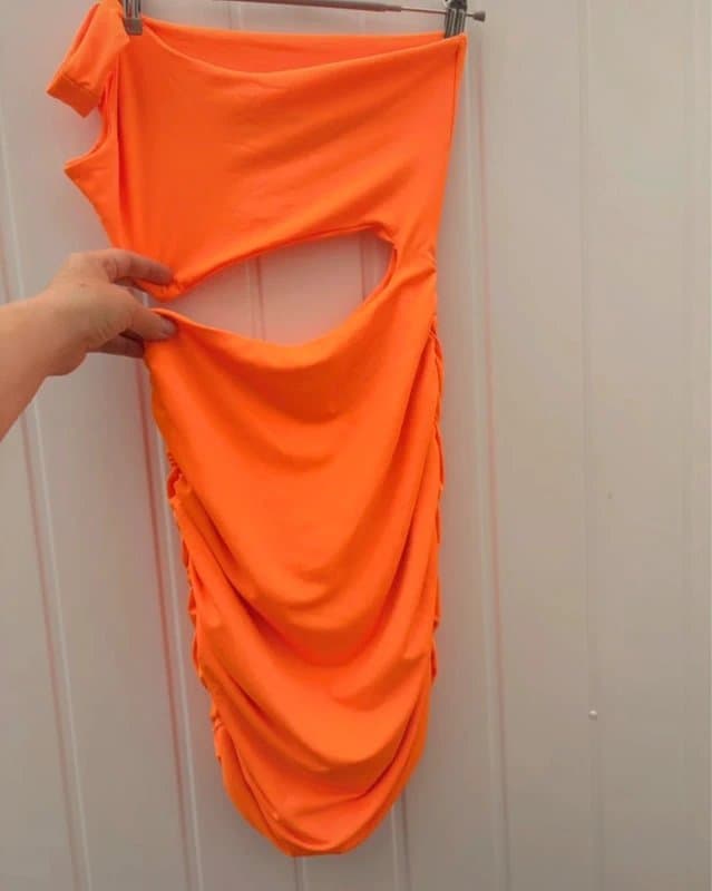 Shein Neon Orange One Shoulder Cut Out Ruched Bodycon Mini Dress Ibiza Holiday Party UK 8 EU36