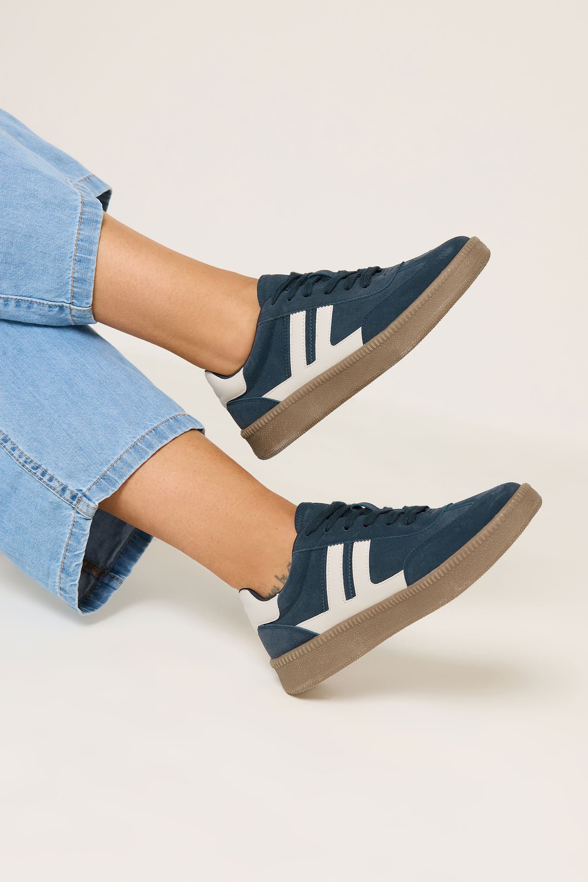 Yours Navy Blue Side Panel Trainers In Wide E Fit & Extra Wide Eee Fit