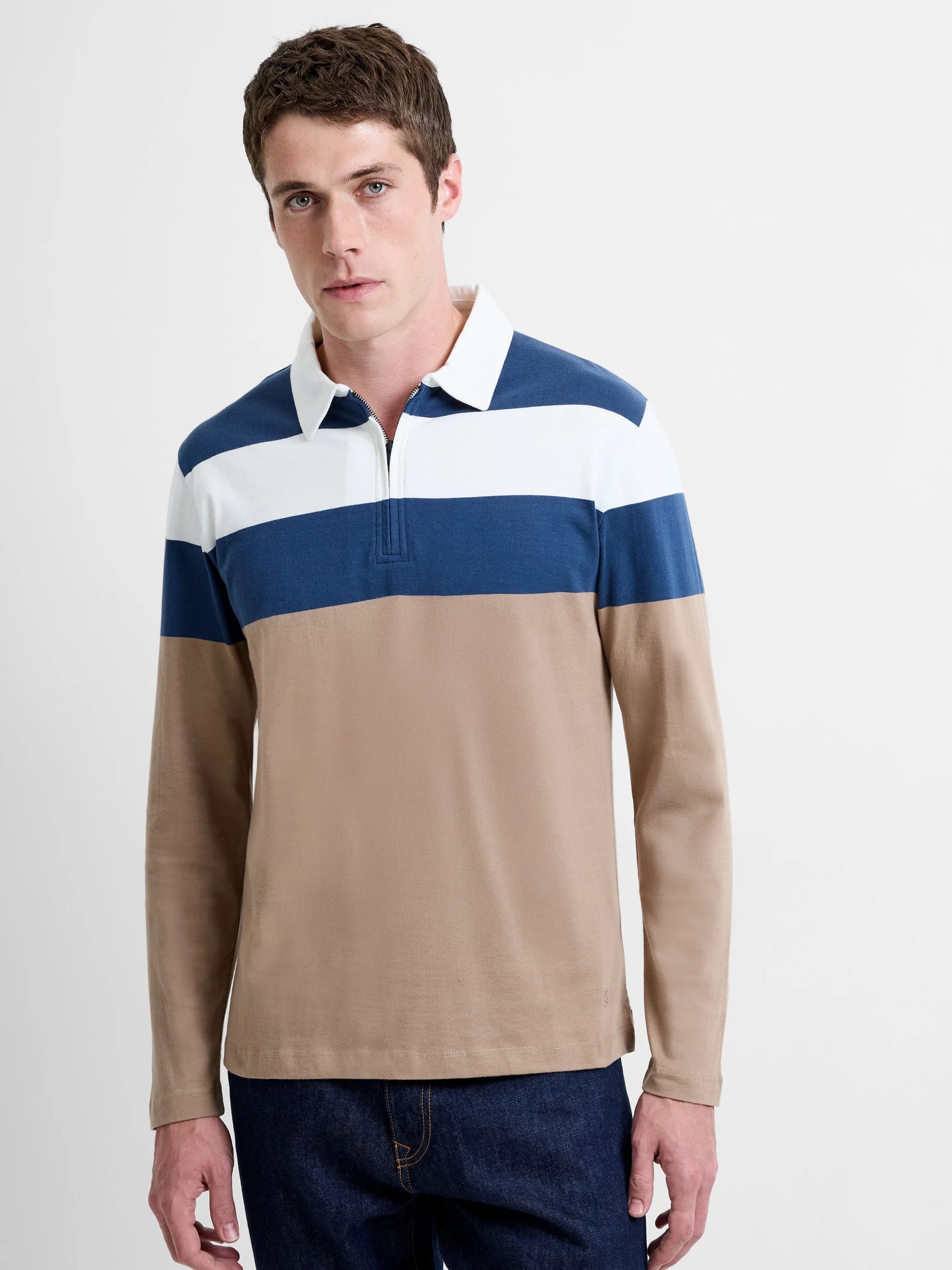 French Connection White/Blue/Brown Striped Polo Shirt