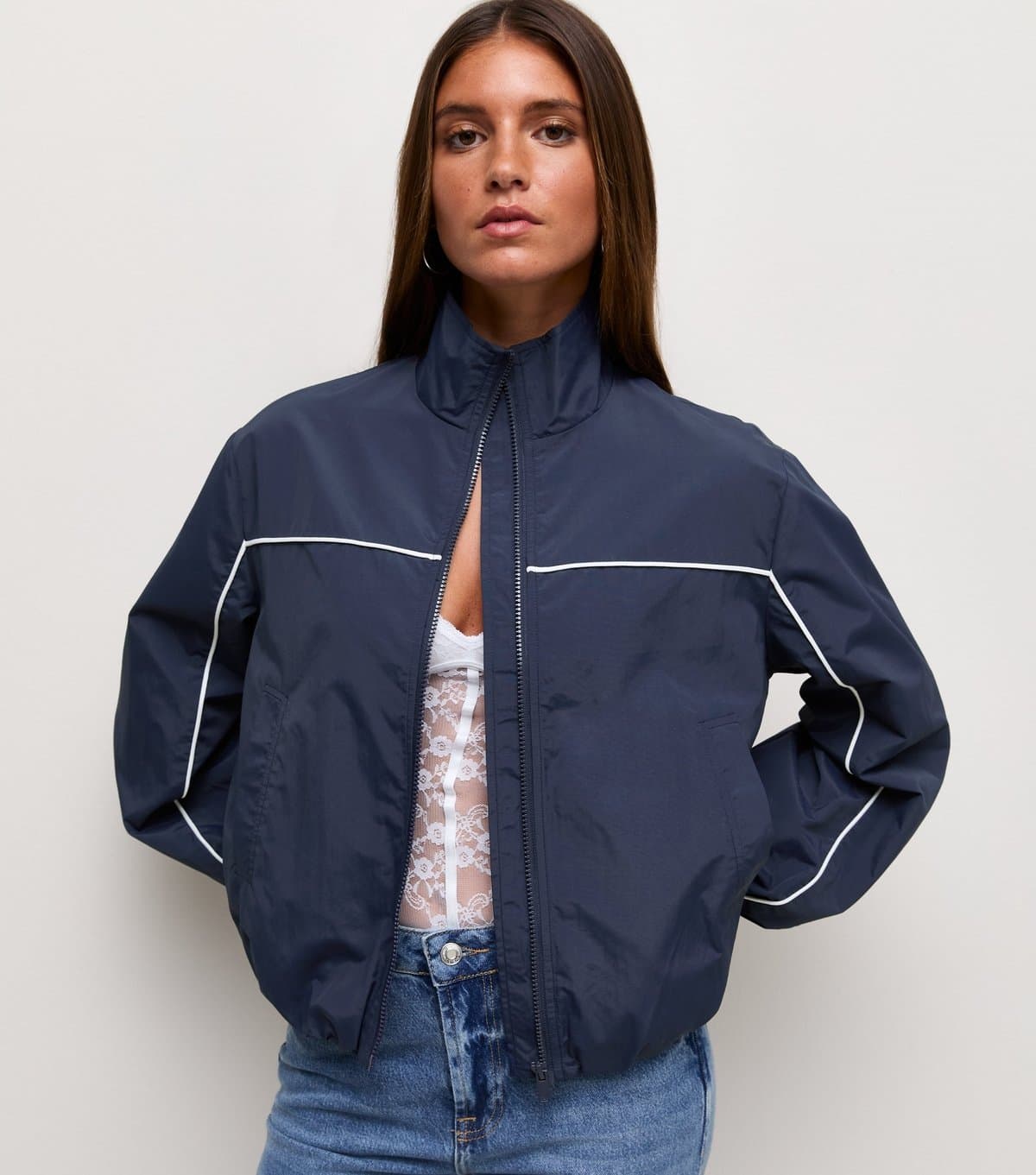 New Look Women's Navy Piped Trim Funnel Neck Windbreaker Jacket New Look