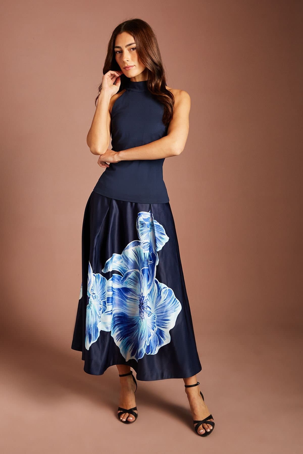 Coast Coast Women's Satin Midi Skirt With Placement Print in Navy