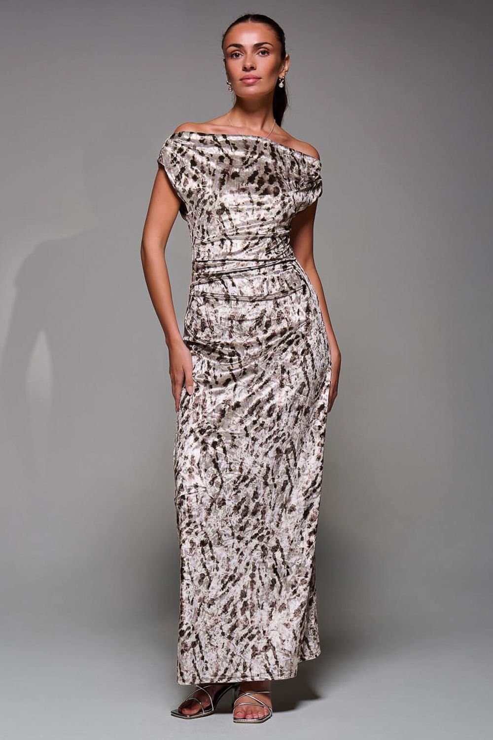 Jolie Moi Jolie Moi Women's Printed Velvet Draped Maxi Dress in Beige