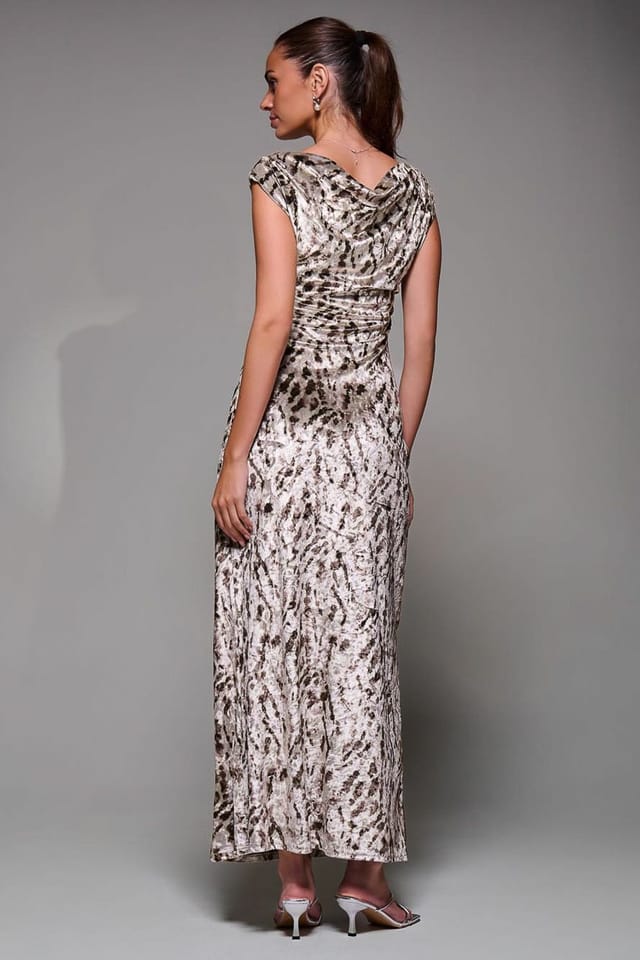 Jolie Moi Jolie Moi Women's Printed Velvet Draped Maxi Dress in Beige - 2