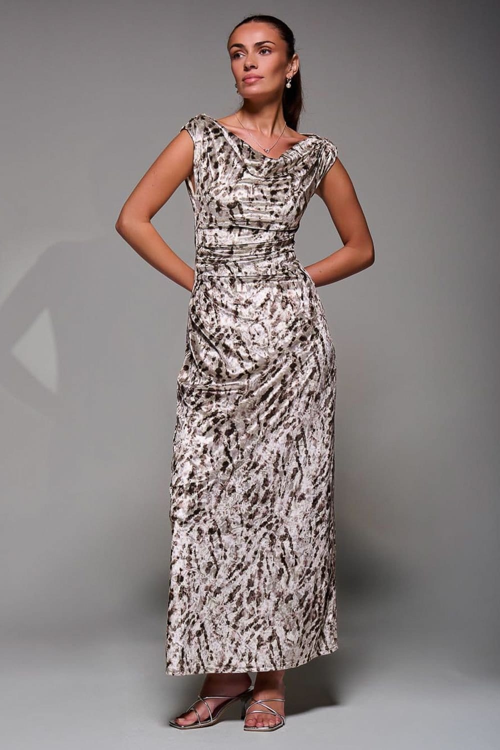 Jolie Moi Jolie Moi Women's Printed Velvet Draped Maxi Dress in Beige - 4