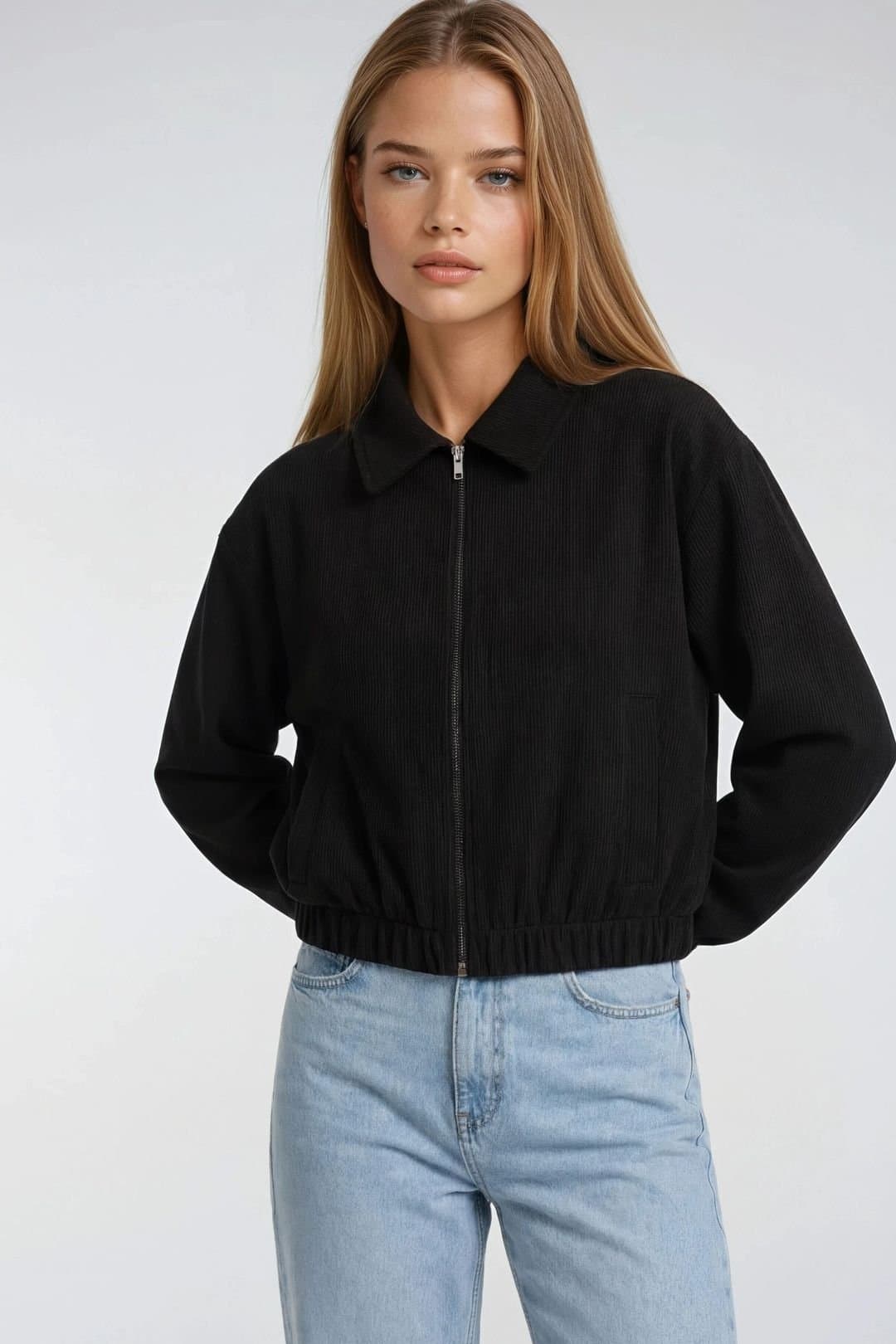 MixRay MixRay Women's Relaxed Fit Zipper Jacket with Pockets in Black