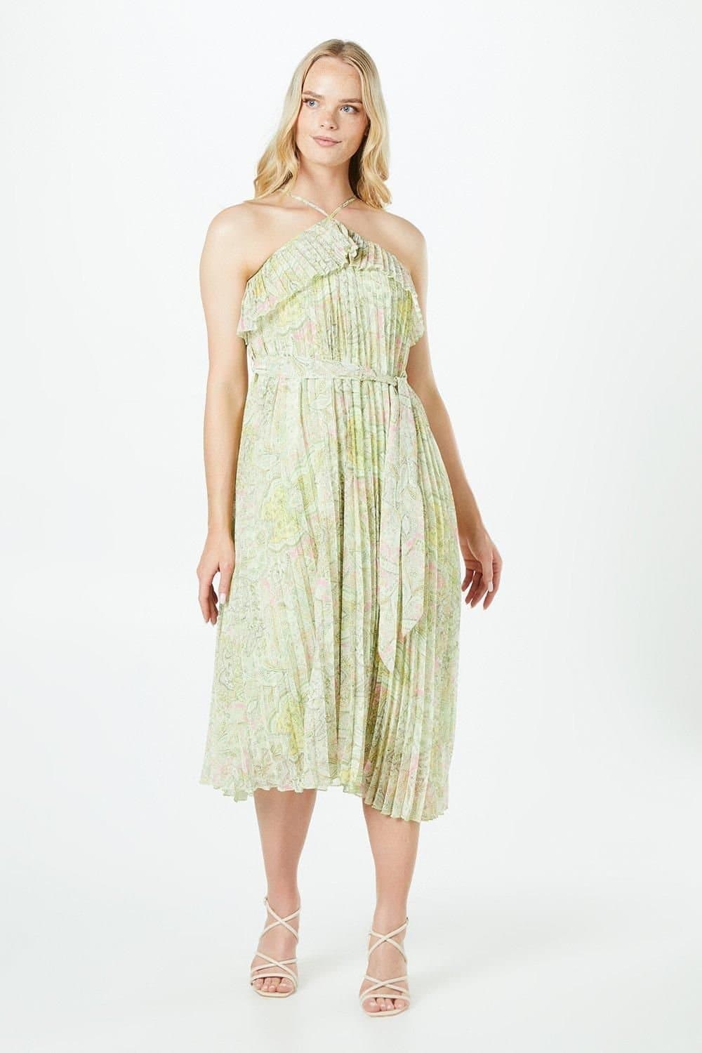 Oasis Oasis Women's Pleated Halterneck Double Layer Midi Dress in Lime