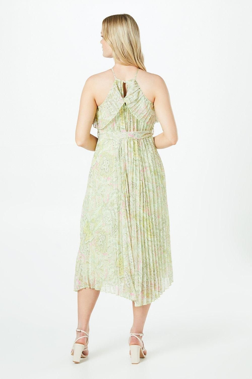 Oasis Oasis Women's Pleated Halterneck Double Layer Midi Dress in Lime - 3