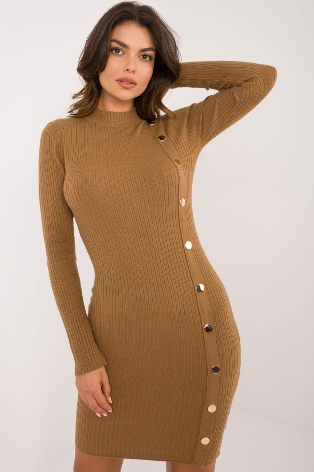 Love Lace Love Lace Women's Ribbed Knit Turtleneck Pencil Dress Style 200185 in Brown