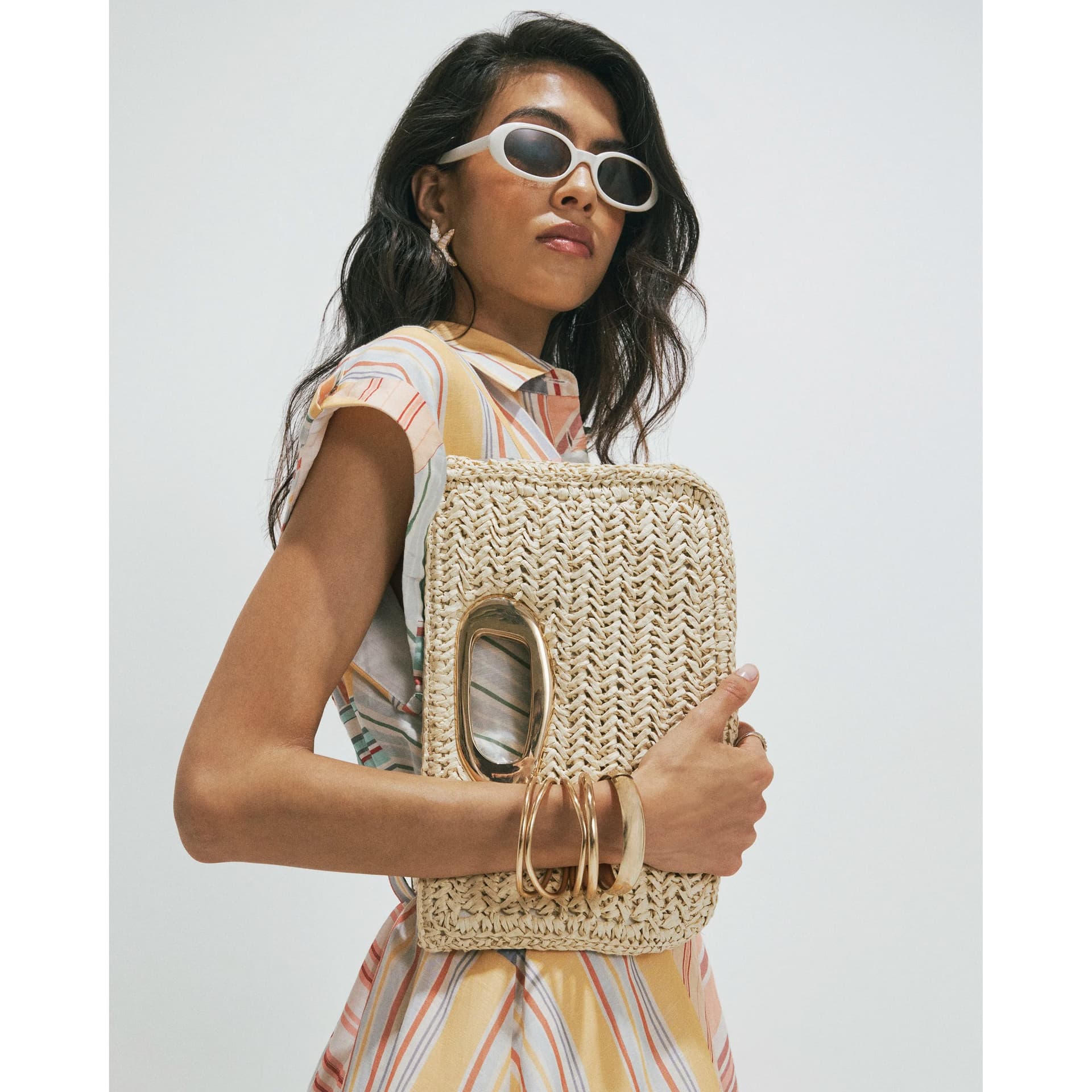 River Island River Island Womens Beige Raffia Metal Handle Clutch Bag
