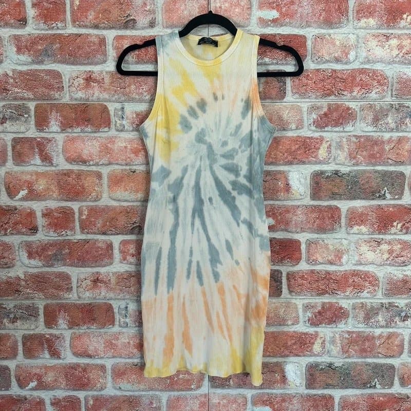 Bershka Yellow and Blue Ribbed Tie Dye Dress
