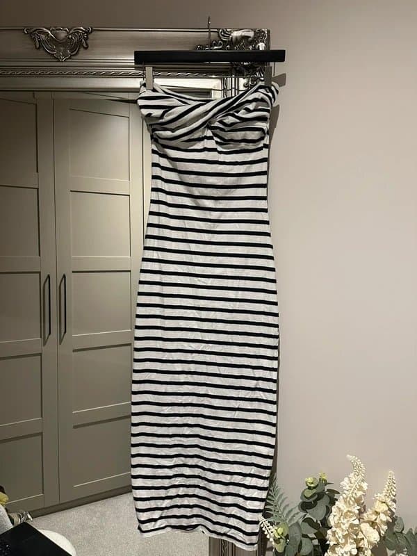 ASOS Black and white striped strapless maxi dress with split at the back