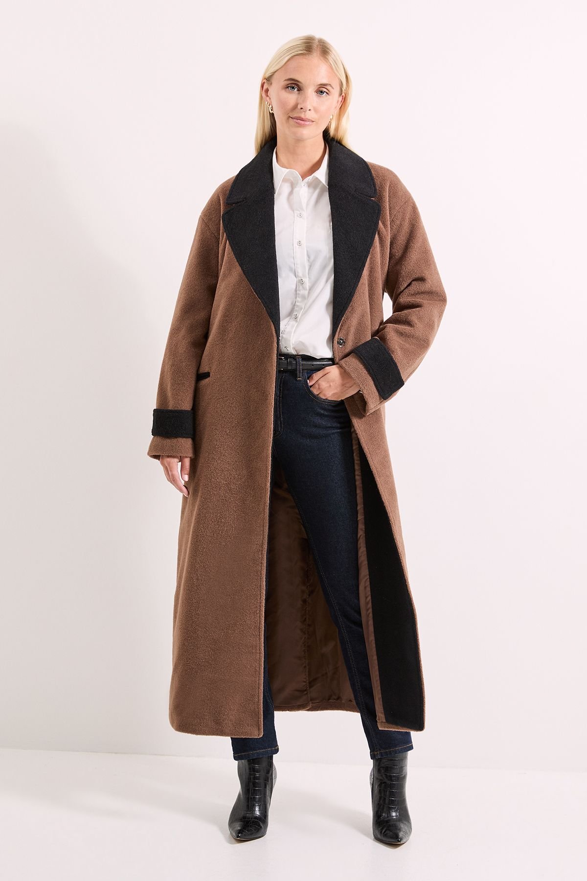 Wallis Wallis Women's Principles by Contrast Wrap Coat in Chocolate - 2