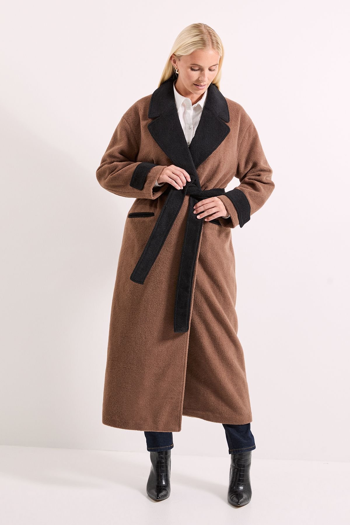 Wallis Wallis Women's Principles by Contrast Wrap Coat in Chocolate - 4