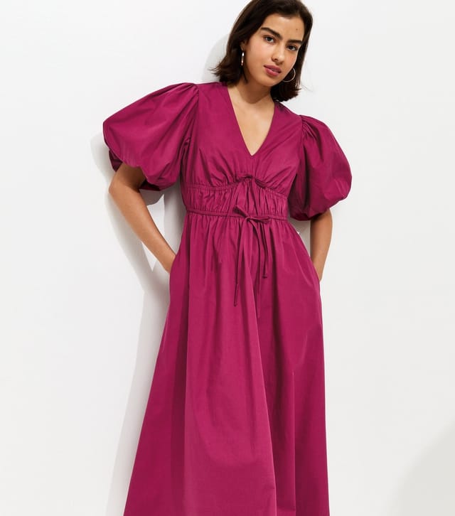 New Look Women's Light Burgundy Cotton Puff Sleeve Midi Dress New Look - 3
