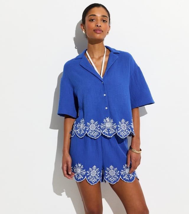 New Look Women's Blue Embroidered Beach Shirt New Look - 2