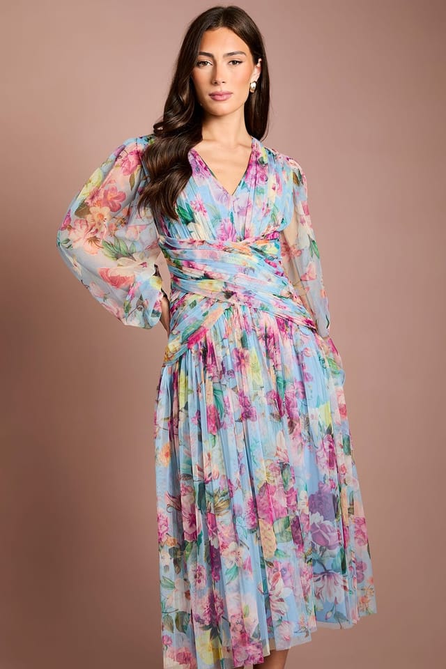 Coast Coast Women's Printed Floral Mesh Midi Dress in Blue - 2
