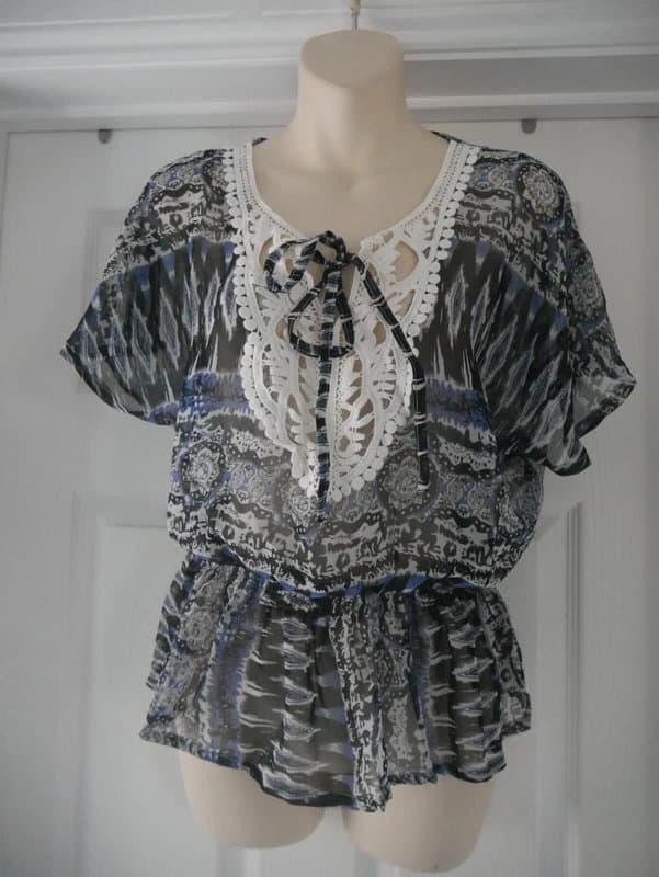 Carbon Carbon Blouse Ladies Size 16 Blue Aztec Crochet Neck Chiffon Top Summer BNWT