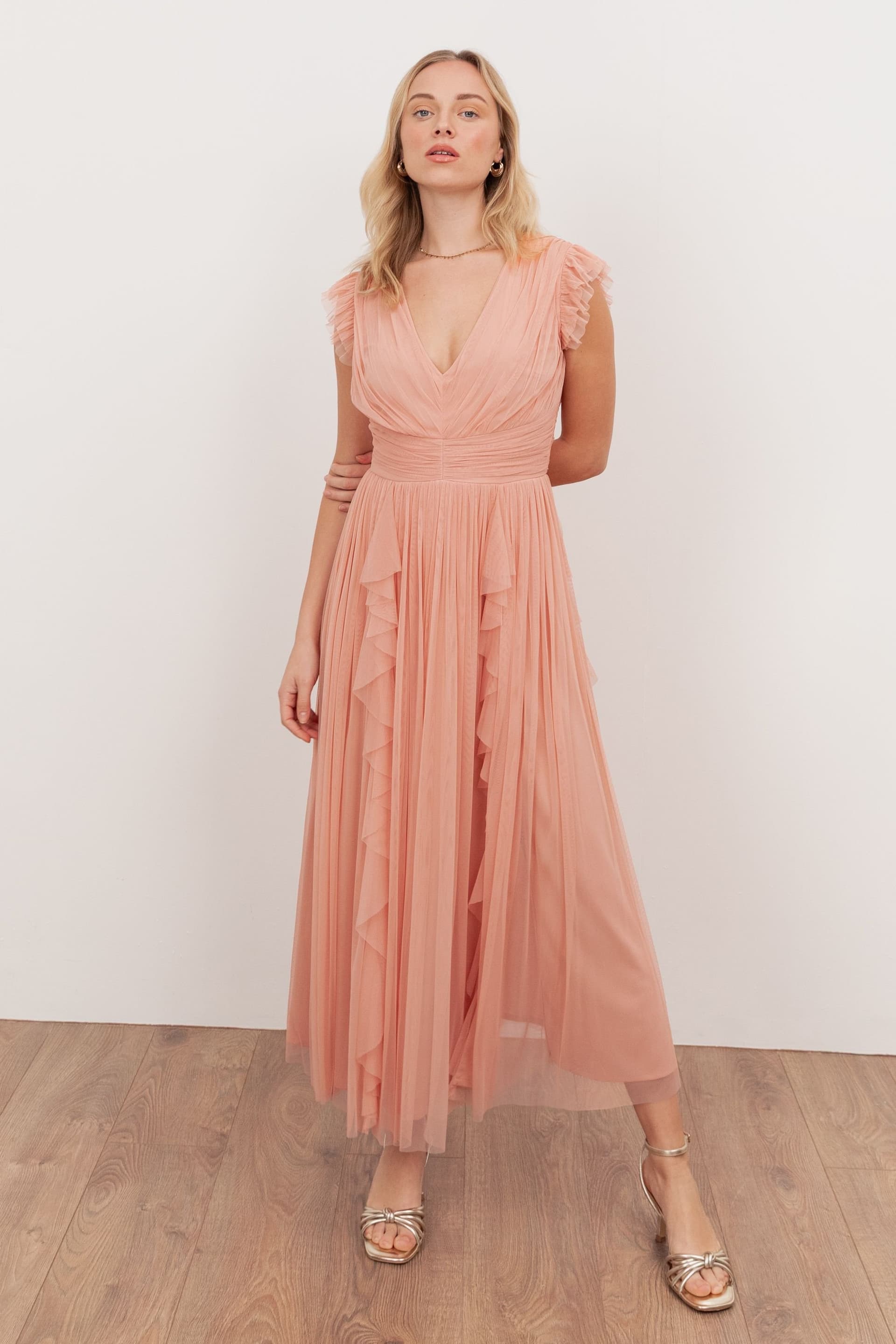 Anaya with Love Anaya with Love Women's V Neck Waterfall Ruffle Sleeveless Midaxi Dress in Peach