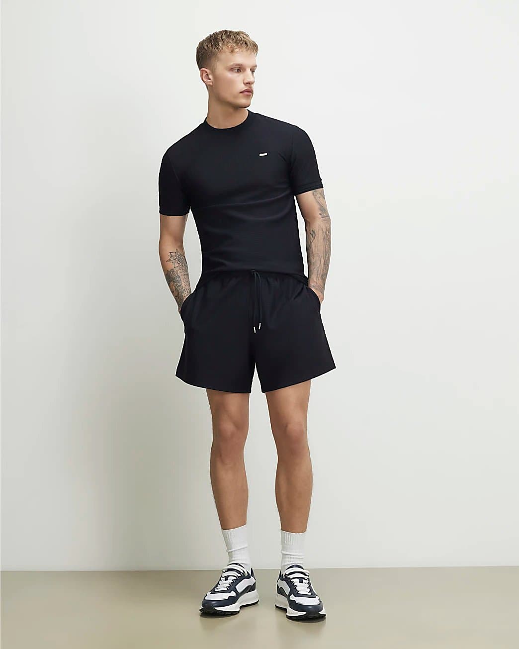 River Island Mens River Island Navy Cotton Regular Fit Shorter Length Shorts