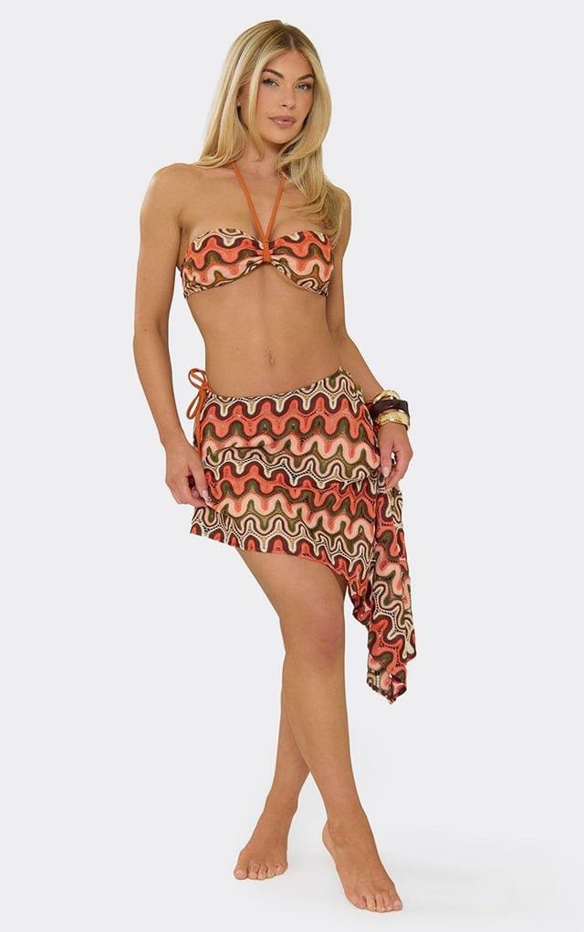 EGO Low Waist Asymmetric Mini Skirt Cover Up In Orange Textured Print, Women's Size UK L - 2