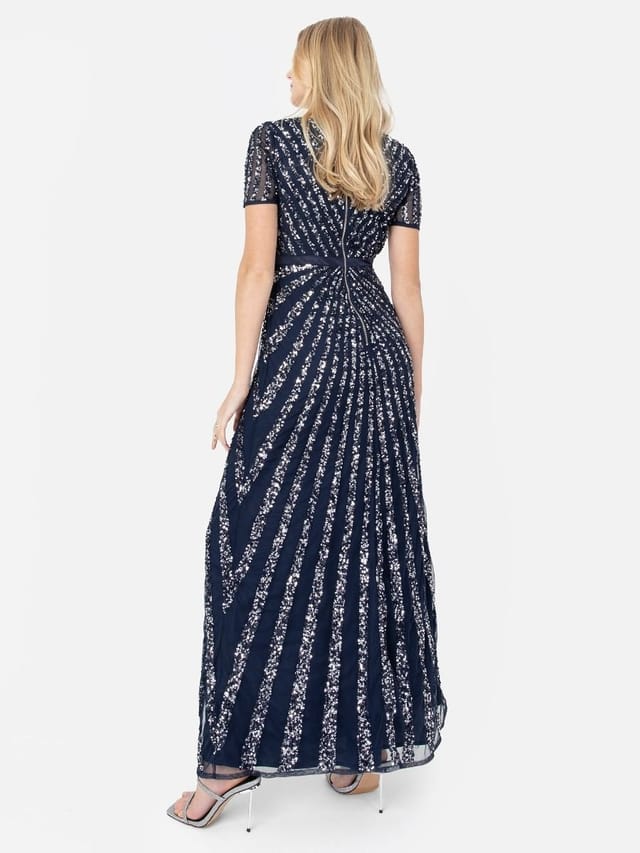 Maya Deluxe Maya Deluxe Women's Short Sleeve Stripe Embellished Maxi Dress in Dark Navy - 3