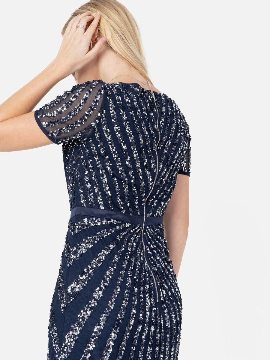 Maya Deluxe Maya Deluxe Women's Short Sleeve Stripe Embellished Maxi Dress in Dark Navy - 4