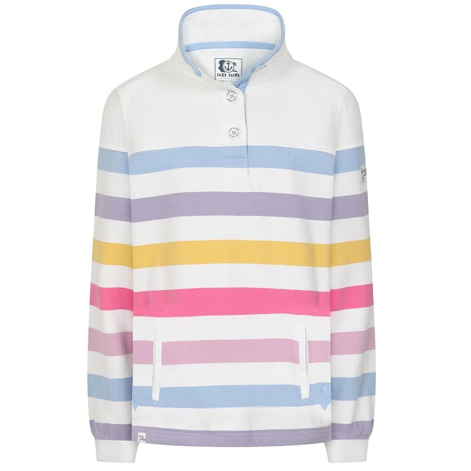 Lazy Jacks Lazy Jacks Women's Striped Button Neck Sweatshirt in White
