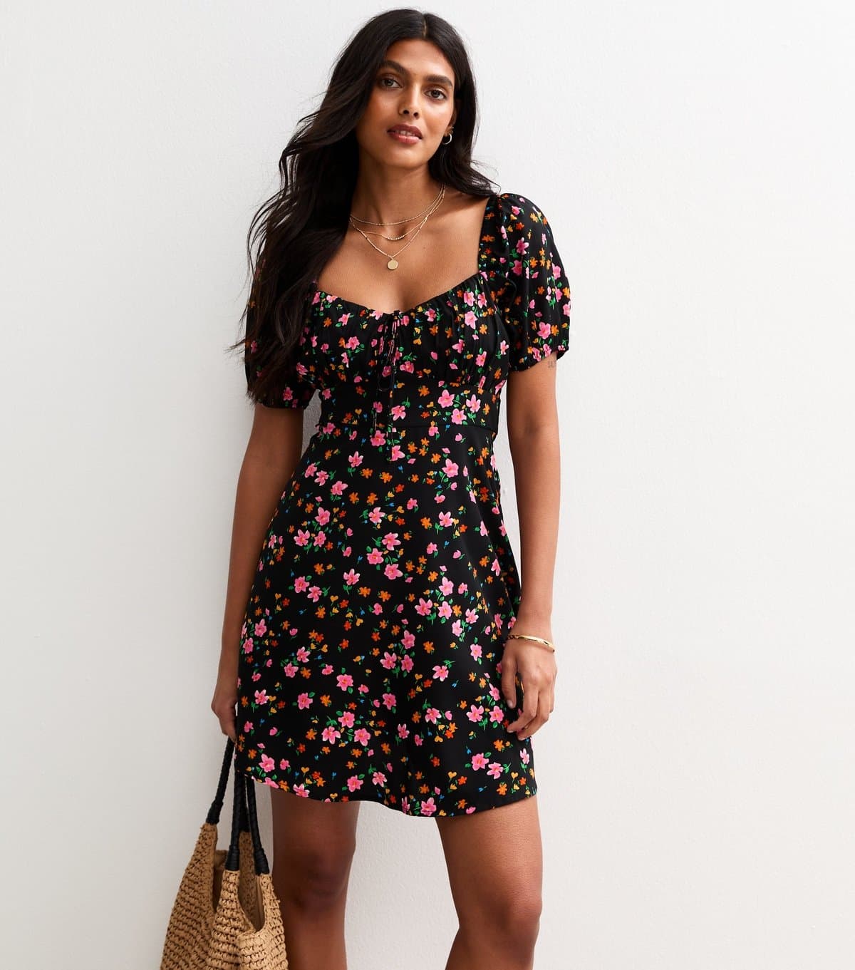 New Look Women's Black Floral Print Puff Sleeve Mini Dress New Look