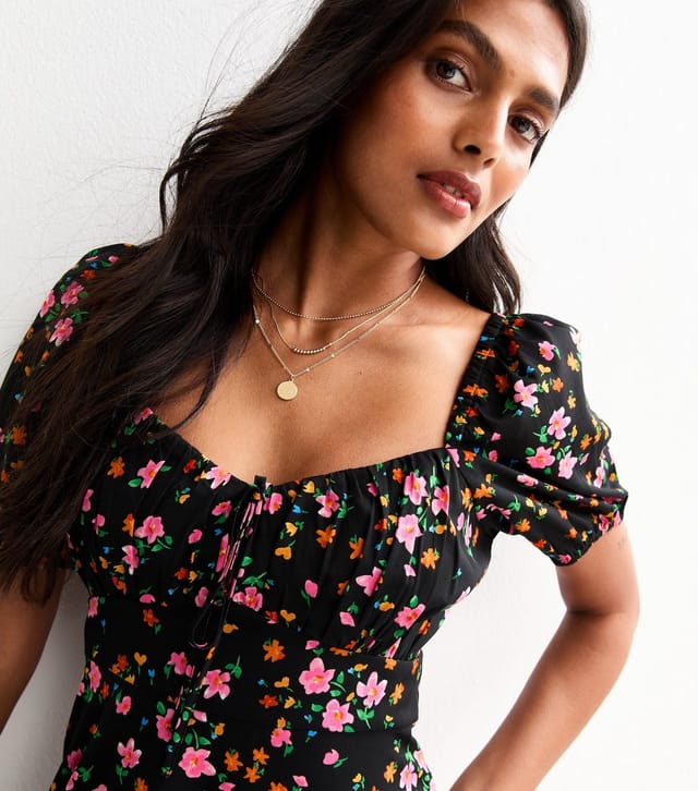 New Look Women's Black Floral Print Puff Sleeve Mini Dress New Look - 2