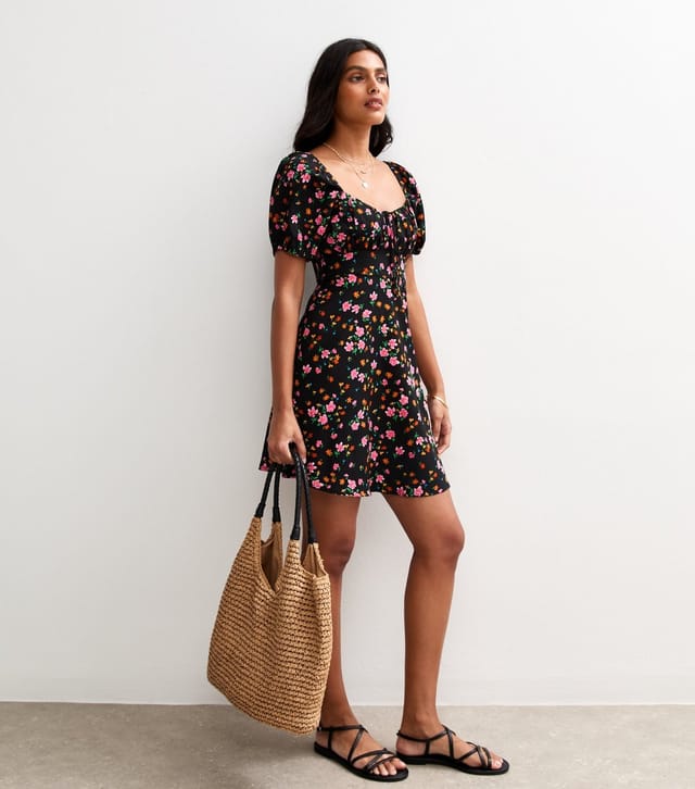 New Look Women's Black Floral Print Puff Sleeve Mini Dress New Look - 3