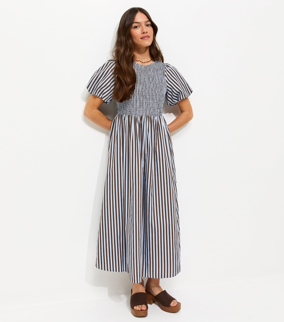 New Look Women's Petite Blue Striped Shirred Bust Puff Sleeve Midi Dress New Look