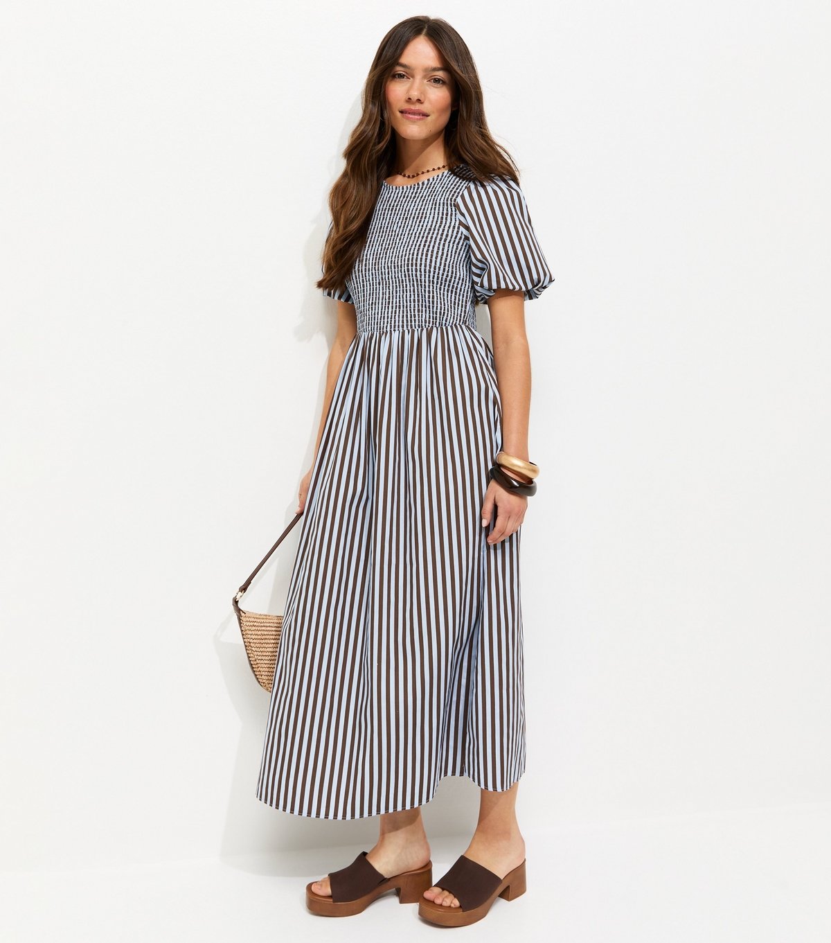 New Look Women's Petite Blue Striped Shirred Bust Puff Sleeve Midi Dress New Look - 3