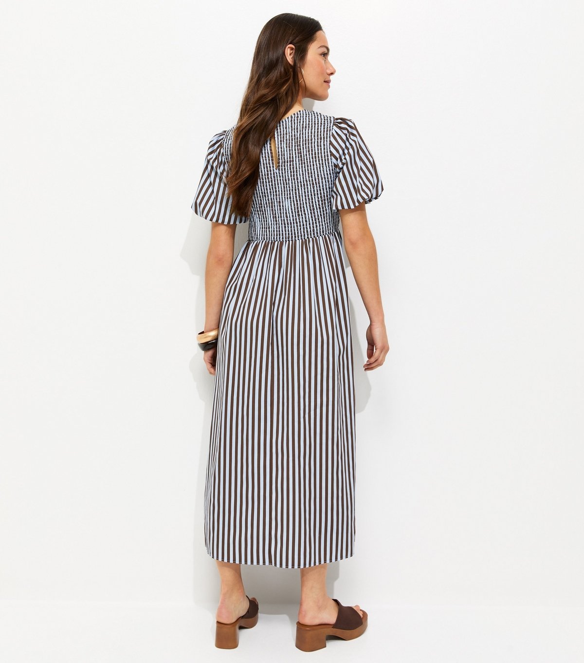 New Look Women's Petite Blue Striped Shirred Bust Puff Sleeve Midi Dress New Look - 4