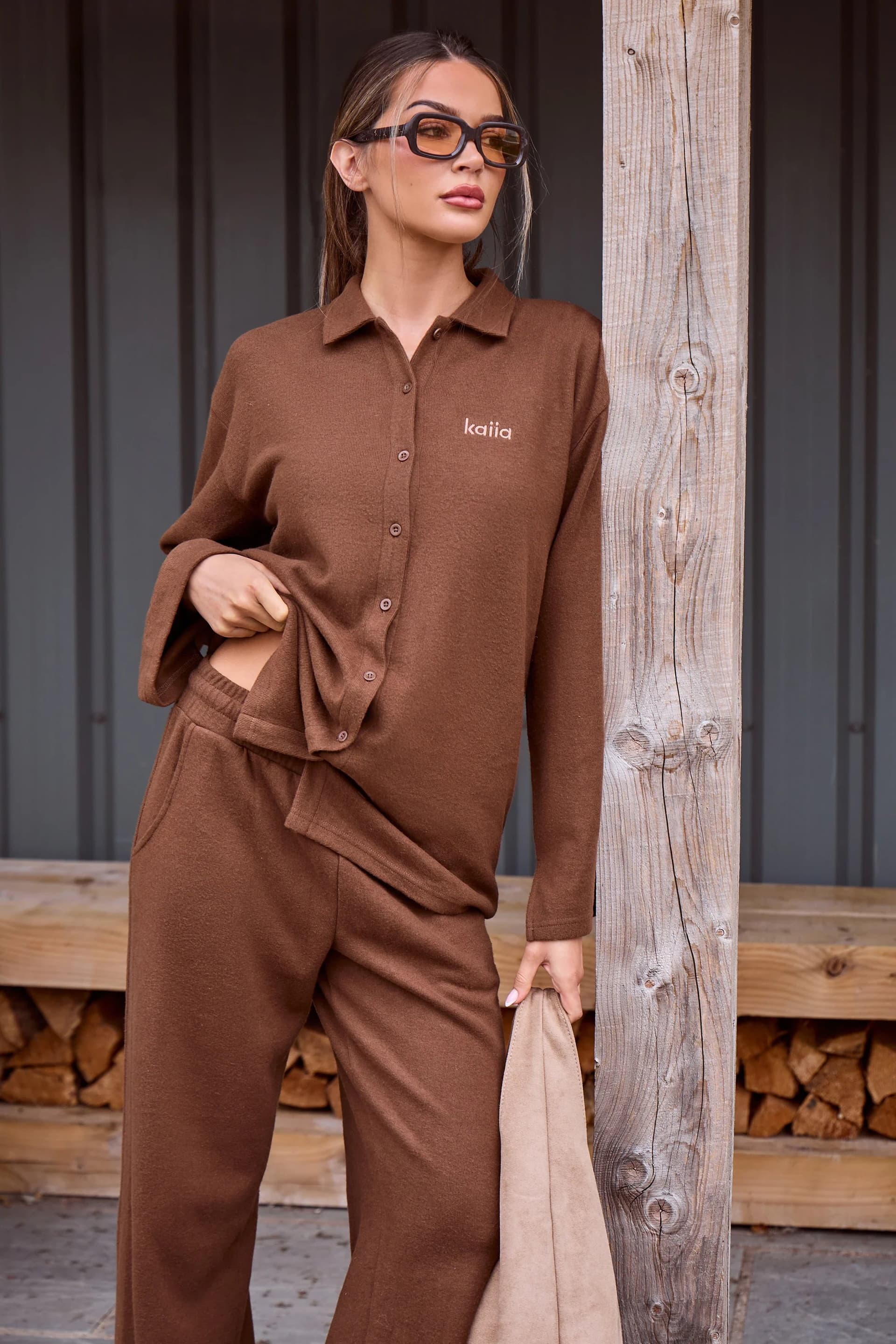 Kaiia Kaiia Coffee Supersoft Button Down Shirt