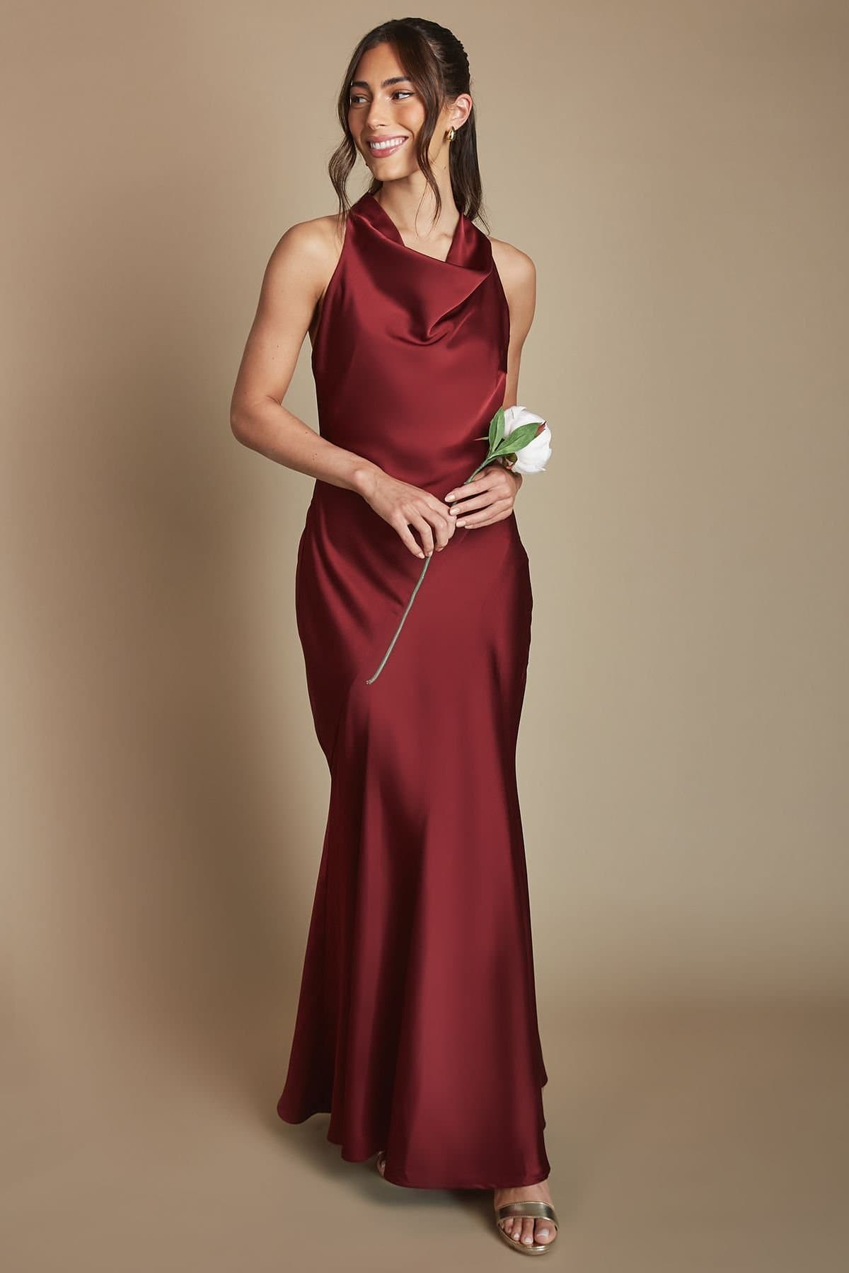 Oasis Oasis Women's Wine Cowl Halterneck Satin Maxi Bridesmaid Dress