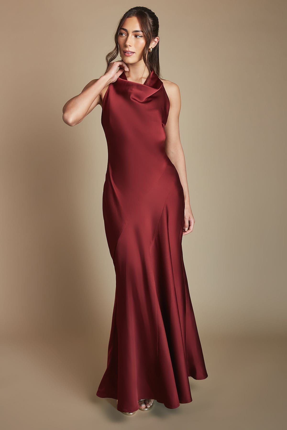 Oasis Oasis Women's Wine Cowl Halterneck Satin Maxi Bridesmaid Dress - 4