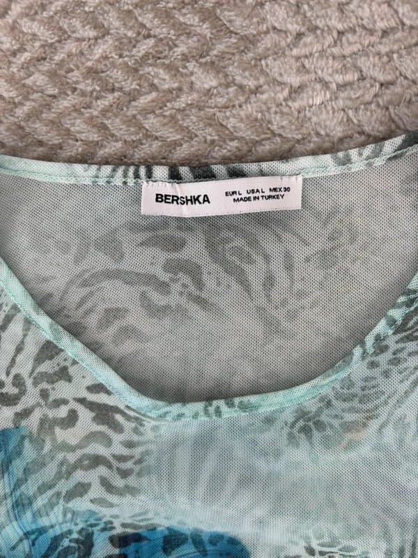 Bershka Bershka Blue Floral Mesh Top Sheer Ruched Y2K Size L UK 12