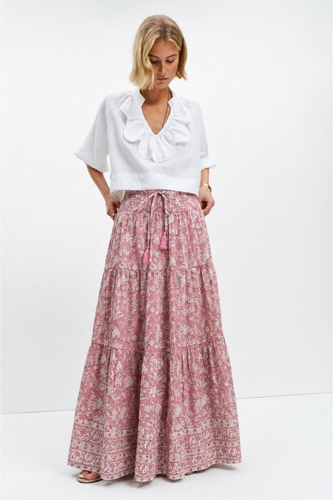 Soul of Sita Soul of Sita Women's Pink Brianne woodblock printed cotton voile skirt with border