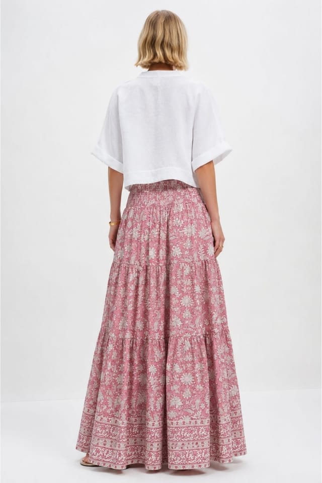 Soul of Sita Soul of Sita Women's Pink Brianne woodblock printed cotton voile skirt with border - 2
