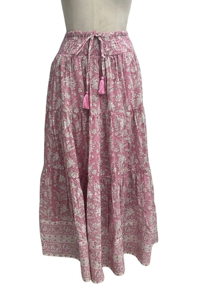 Soul of Sita Soul of Sita Women's Pink Brianne woodblock printed cotton voile skirt with border - 3