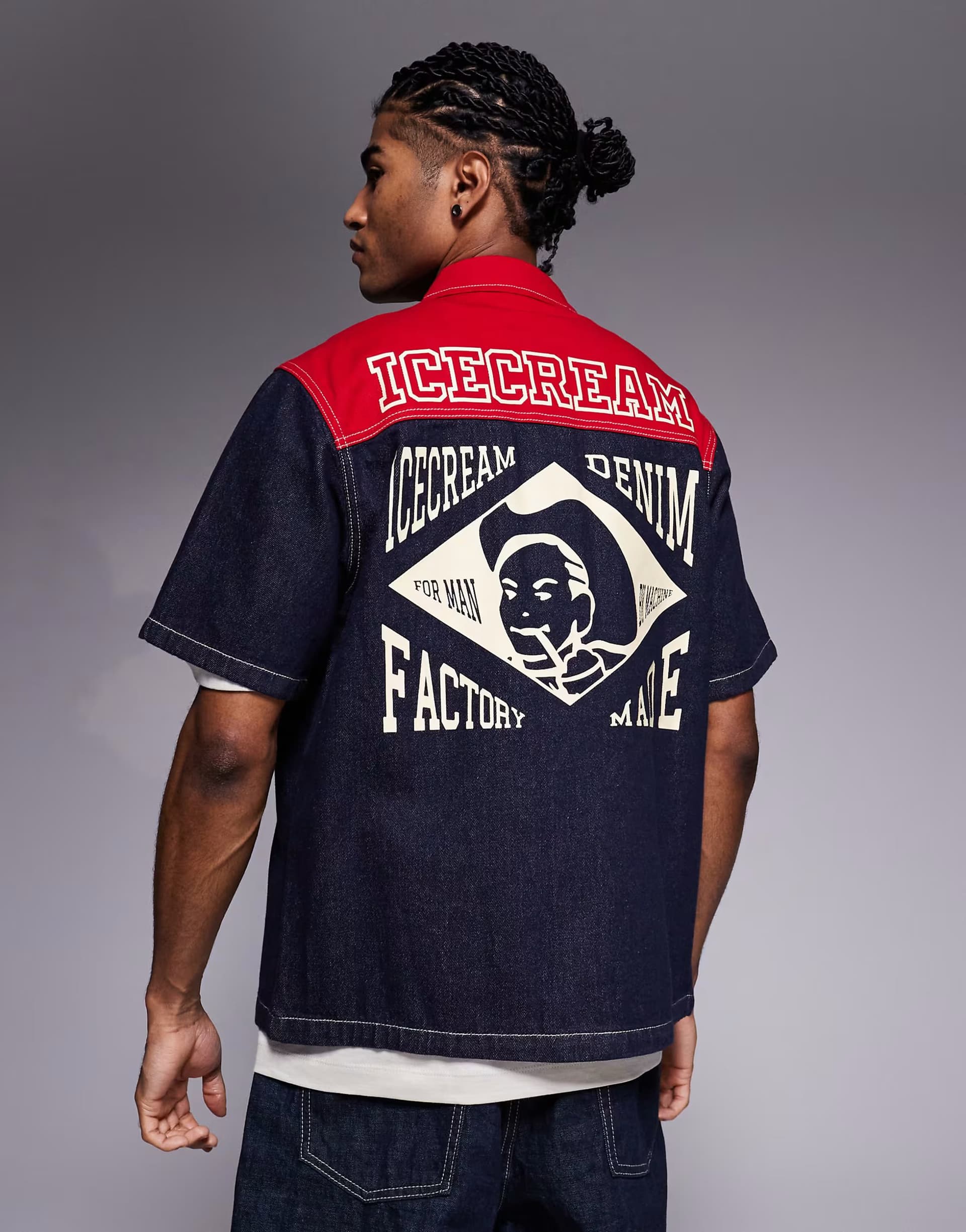 ASOS ICECREAM factory made short sleeve worker shirt in indigo and red denim