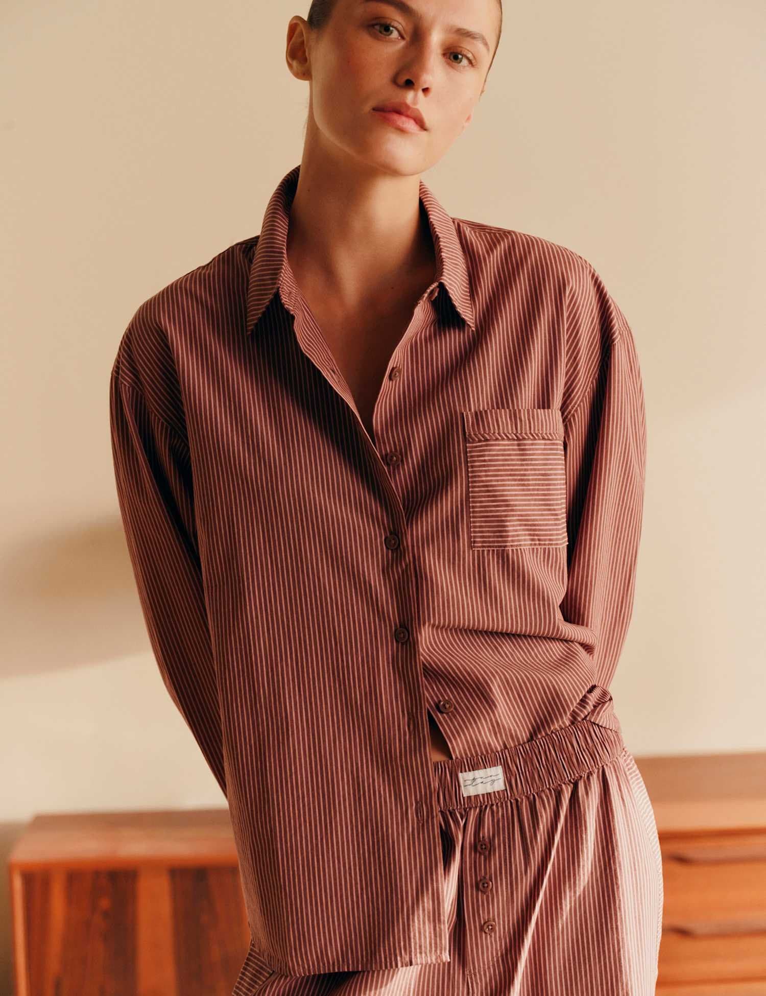Marks & Spencer M&S Pure Cotton Poplin Striped Pyjama Shirt Burgundy